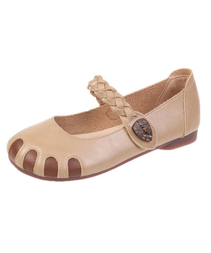 Fine Buckle Strap Flat Shoes For Women Beige Cowhide Leather LC0528 - fabuloryshop