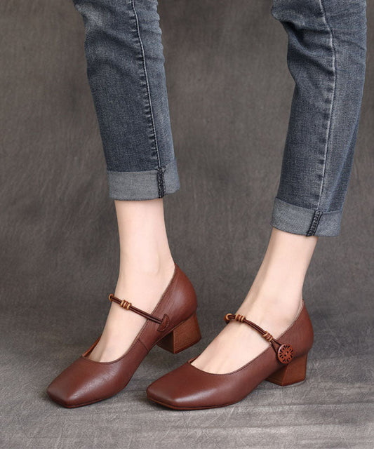 Fine Buckle Strap Splicing Chunky High Heels Brown Cowhide Leather Ada Fashion