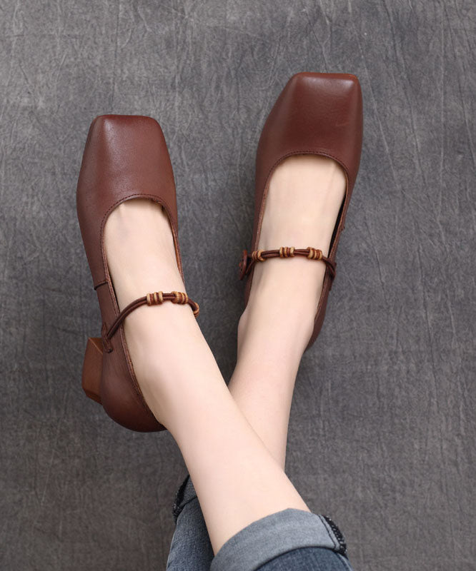 Fine Buckle Strap Splicing Chunky High Heels Brown Cowhide Leather Ada Fashion