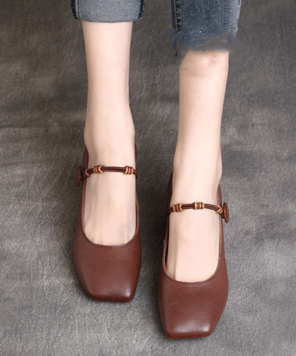 Fine Buckle Strap Splicing Chunky High Heels Brown Cowhide Leather Ada Fashion