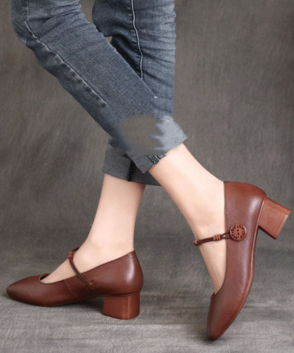 Fine Buckle Strap Splicing Chunky High Heels Brown Cowhide Leather Ada Fashion