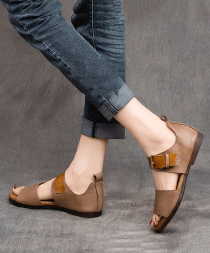 Fine Buckle Strap Splicing Peep Toe Flat Sandals Khaki Cowhide Leather LY7653