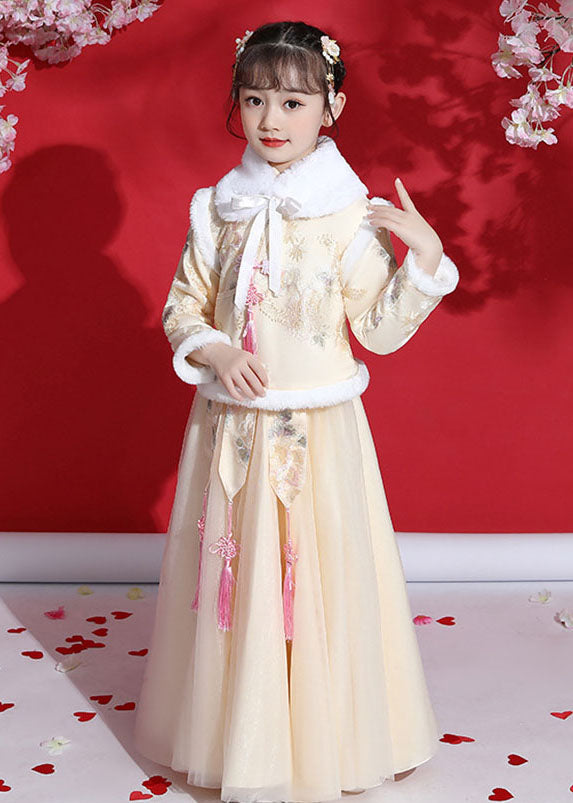 Fine Champagne Peter Pan Collar Warm Fleece Tassel Kids Coats And Tulle Skirts Two Pieces Set Long Sleeve Ada Fashion