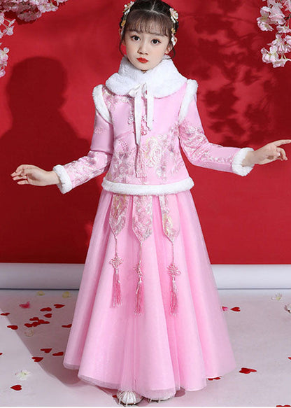 Fine Champagne Peter Pan Collar Warm Fleece Tassel Kids Coats And Tulle Skirts Two Pieces Set Long Sleeve Ada Fashion