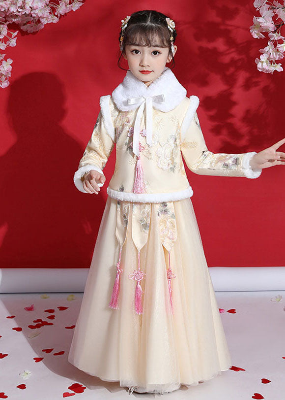 Fine Champagne Peter Pan Collar Warm Fleece Tassel Kids Coats And Tulle Skirts Two Pieces Set Long Sleeve Ada Fashion