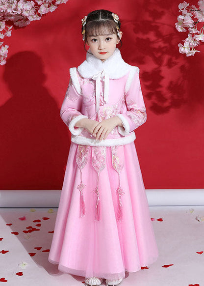 Fine Champagne Peter Pan Collar Warm Fleece Tassel Kids Coats And Tulle Skirts Two Pieces Set Long Sleeve Ada Fashion