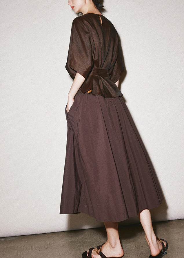 Fine Chocolate O-Neck Tie Waist Silk Top And Skirts Two Pieces Set Summer Ada Fashion