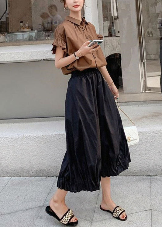 Fine Coffee Peter Pan Collar Button Top And Crop Pants Two Pieces Set Summer Ada Fashion