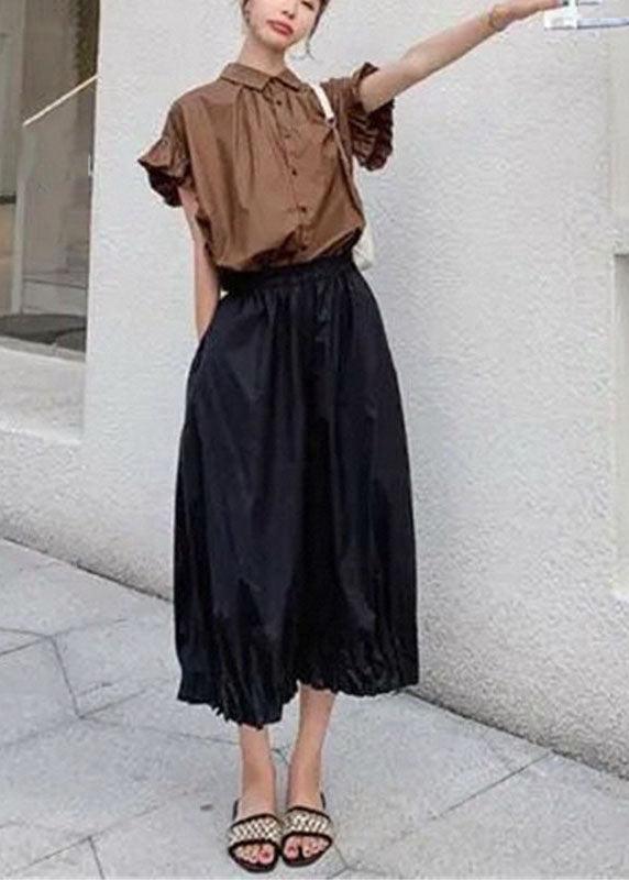 Fine Coffee Peter Pan Collar Button Top And Crop Pants Two Pieces Set Summer Ada Fashion