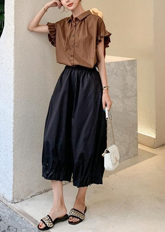 Fine Coffee Peter Pan Collar Button Top And Crop Pants Two Pieces Set Summer Ada Fashion