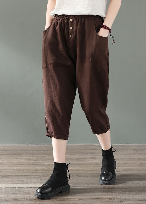Fine Coffee Pockets Patchwork Linen Crop Pants Summer LY0589