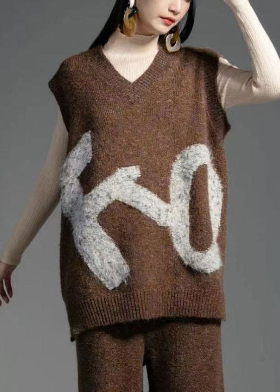 Fine Coffee V Neck Print Knit Vest Sleeveless LY0007 - fabuloryshop