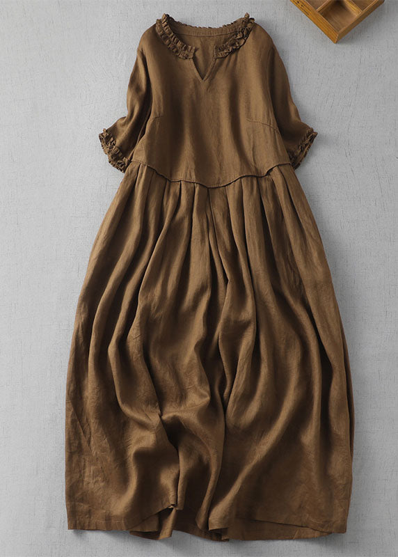 Fine Coffee V Neck Ruffled Patchwork Linen Dress Summer Ada Fashion