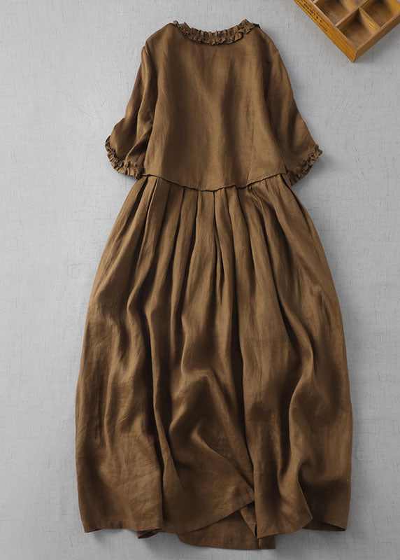 Fine Coffee V Neck Ruffled Patchwork Linen Dress Summer Ada Fashion