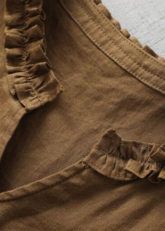 Fine Coffee V Neck Ruffled Patchwork Linen Dress Summer Ada Fashion
