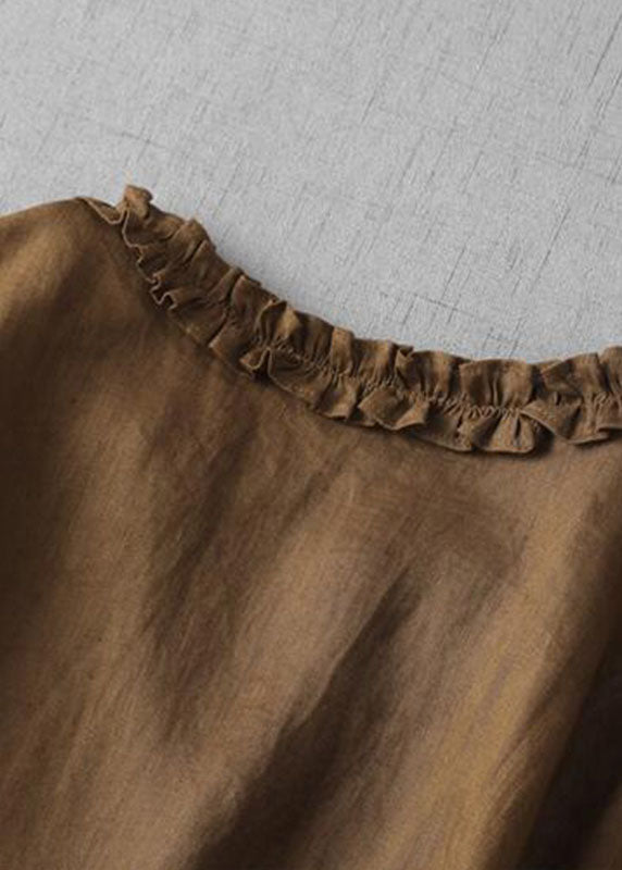 Fine Coffee V Neck Ruffled Patchwork Linen Dress Summer Ada Fashion