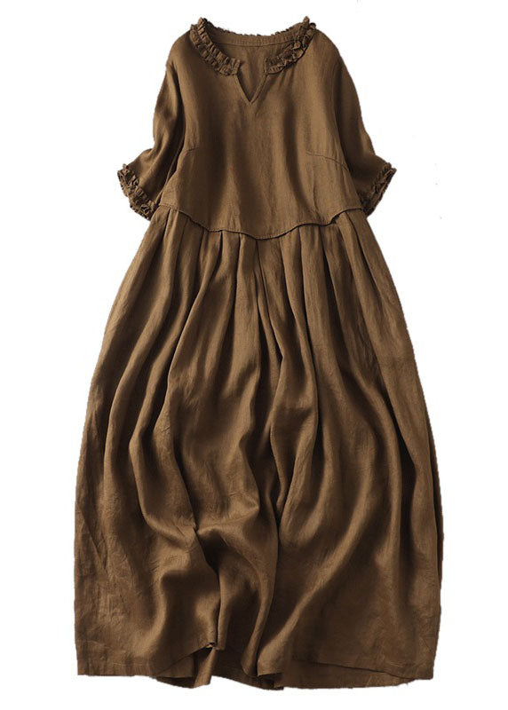 Fine Coffee V Neck Ruffled Patchwork Linen Dress Summer Ada Fashion
