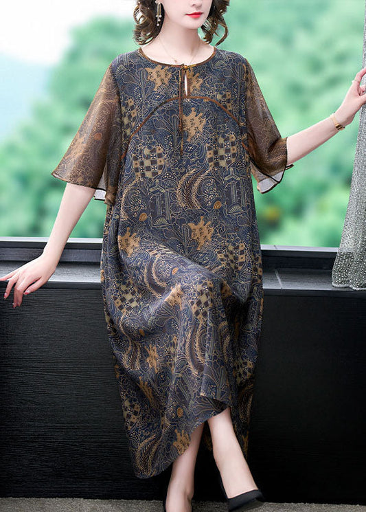 Fine Colorblock O Neck Print Patchwork Silk Long Dress Summer LY5983 Ada Fashion