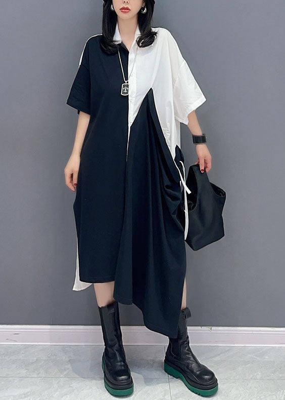 Fine Colorblock Peter Pan Collar Patchwork Cotton Shirts Dress Summer Ada Fashion