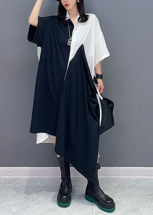 Fine Colorblock Peter Pan Collar Patchwork Cotton Shirts Dress Summer Ada Fashion