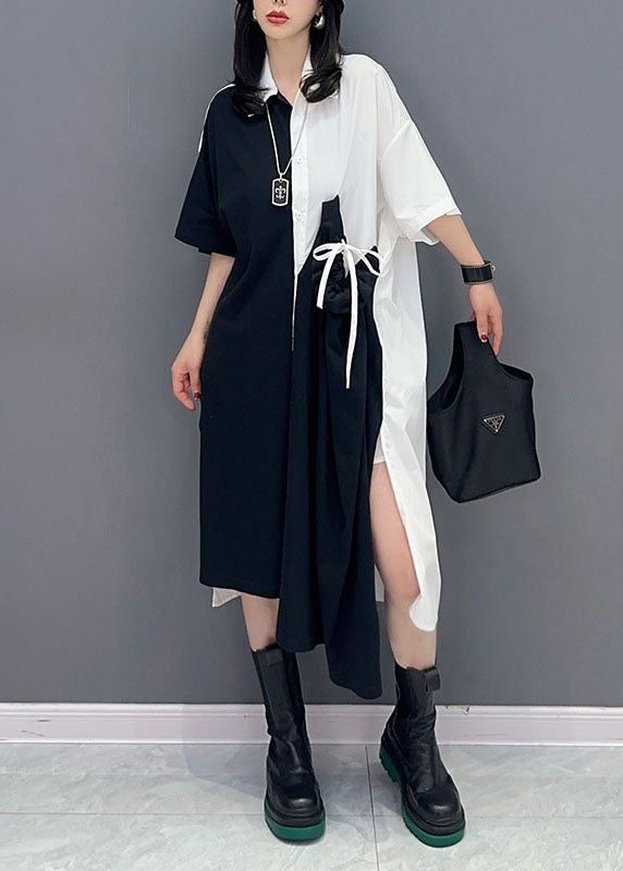 Fine Colorblock Peter Pan Collar Patchwork Cotton Shirts Dress Summer Ada Fashion