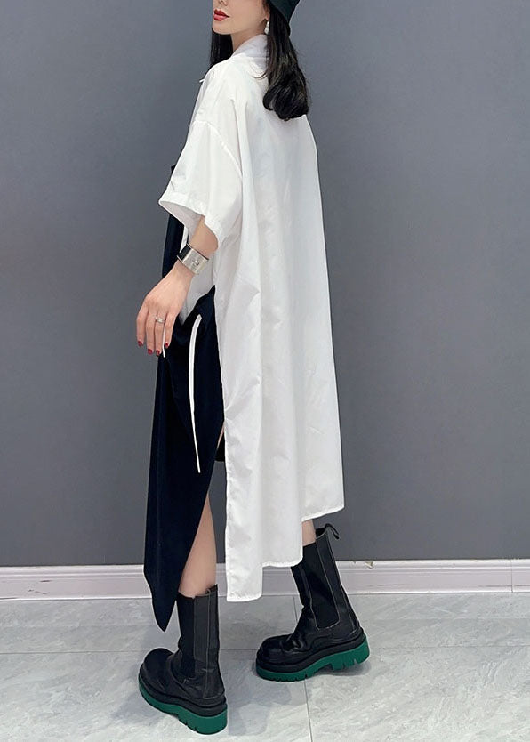 Fine Colorblock Peter Pan Collar Patchwork Cotton Shirts Dress Summer Ada Fashion