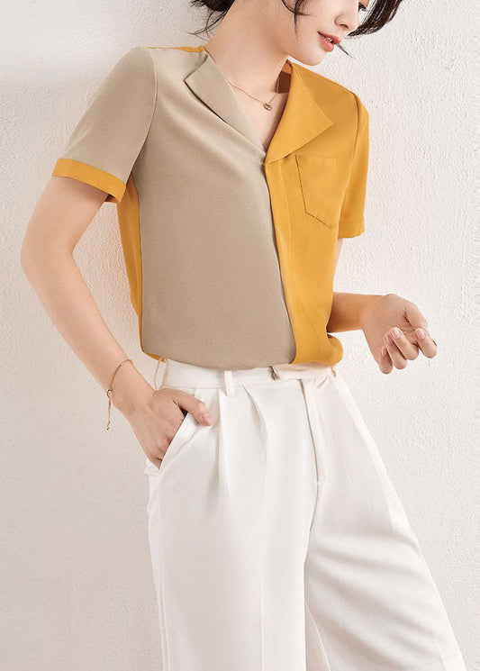 Fine Colorblock V Neck Patchwork Chiffon Shirt Summer LY0041 - fabuloryshop