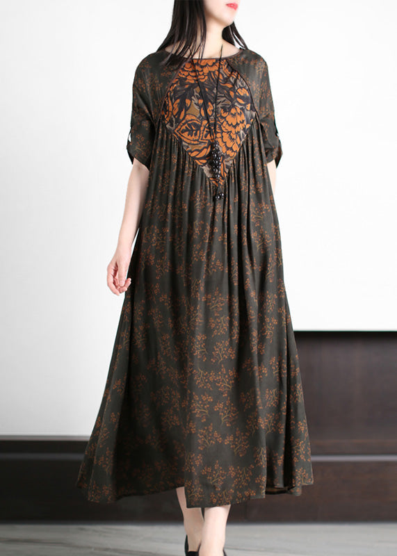 Fine Dark Green O-Neck Patchwork Print Wrinkled Party Silk Long Dress Summer LY5117 - fabuloryshop