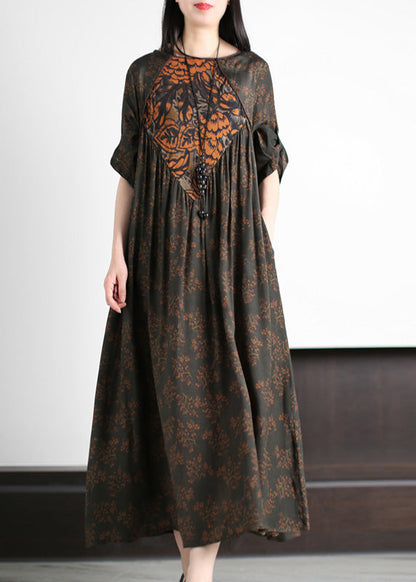 Fine Dark Green O-Neck Patchwork Print Wrinkled Party Silk Long Dress Summer LY5117 - fabuloryshop