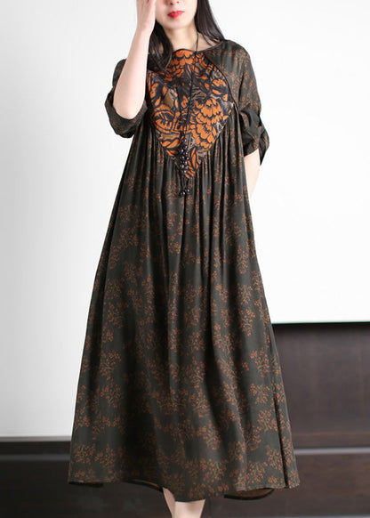 Fine Dark Green O-Neck Patchwork Print Wrinkled Party Silk Long Dress Summer LY5117 - fabuloryshop