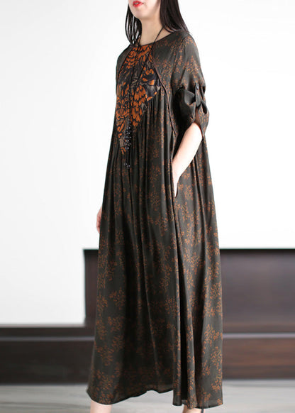 Fine Dark Green O-Neck Patchwork Print Wrinkled Party Silk Long Dress Summer LY5117 - fabuloryshop