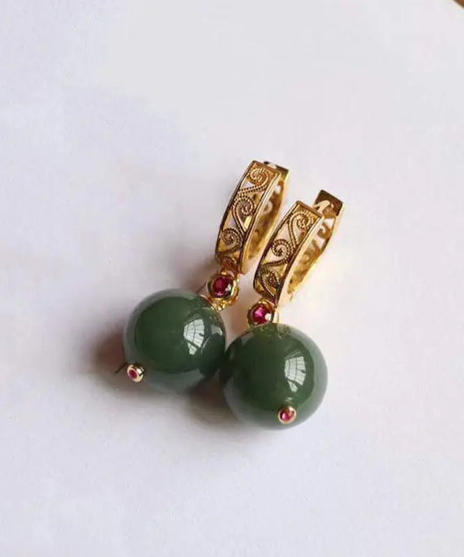 Fine Dark Green Sterling Silver Overgild Jade Drop Earrings Ada Fashion