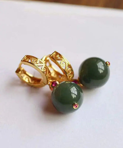 Fine Dark Green Sterling Silver Overgild Jade Drop Earrings Ada Fashion