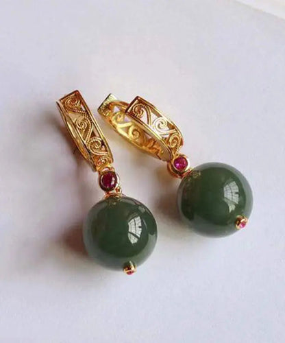 Fine Dark Green Sterling Silver Overgild Jade Drop Earrings Ada Fashion