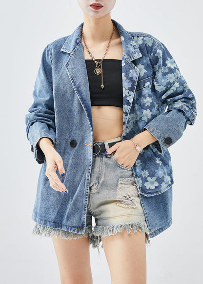 Fine Denim Blue Asymmetrical Print Cotton Coats Fall Ada Fashion