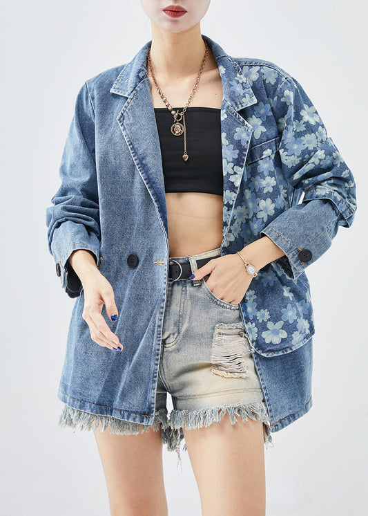 Fine Denim Blue Asymmetrical Print Cotton Coats Fall Ada Fashion