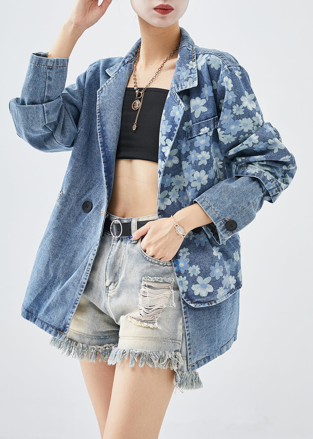 Fine Denim Blue Asymmetrical Print Cotton Coats Fall Ada Fashion