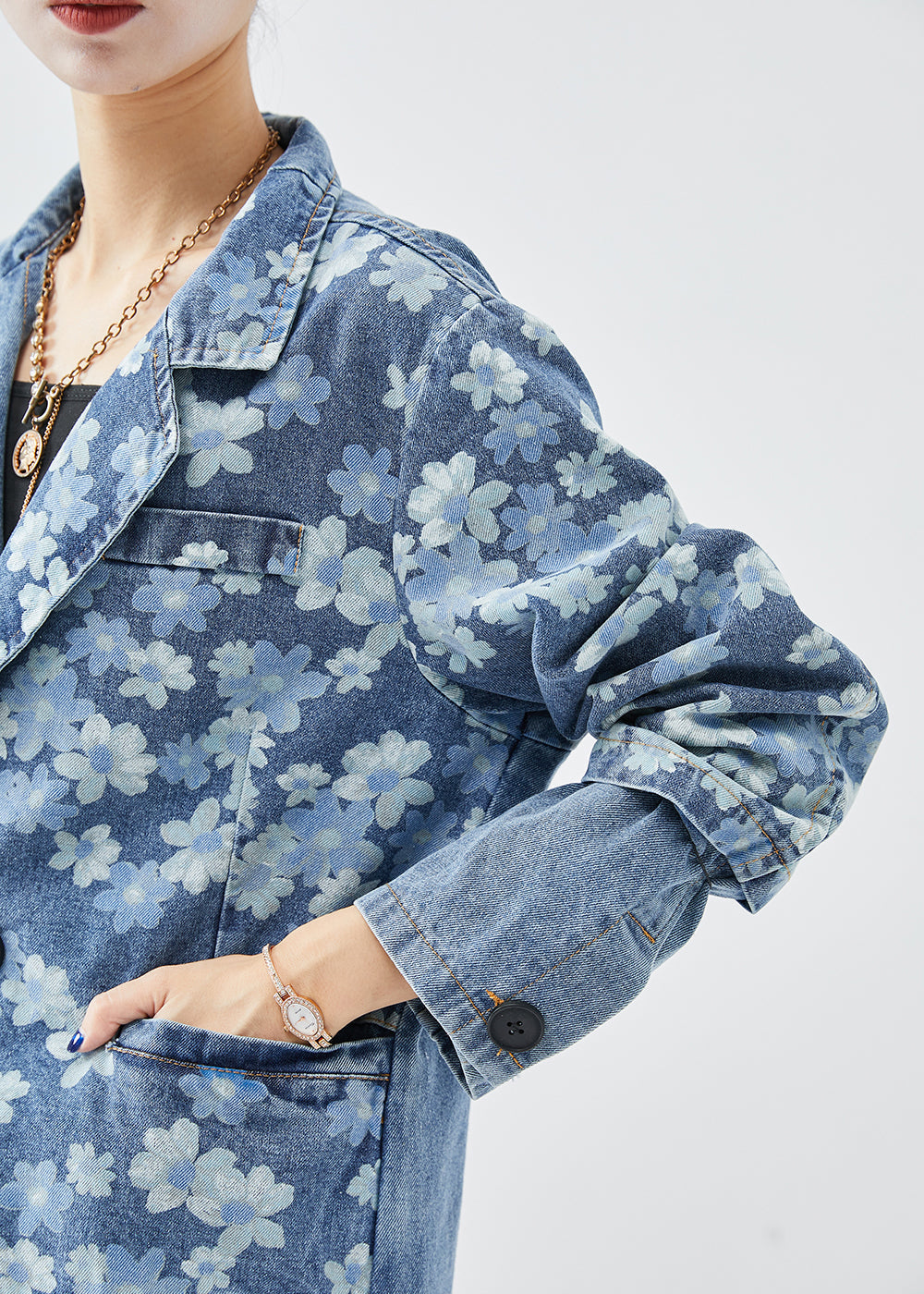 Fine Denim Blue Asymmetrical Print Cotton Coats Fall Ada Fashion