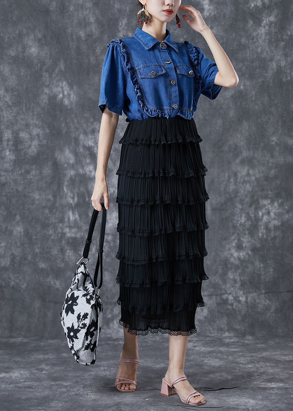 Fine Denim Blue Ruffled Patchwork Elastic Waist Fake Two Piece Holiday Dress Summer TA1022 - fabuloryshop