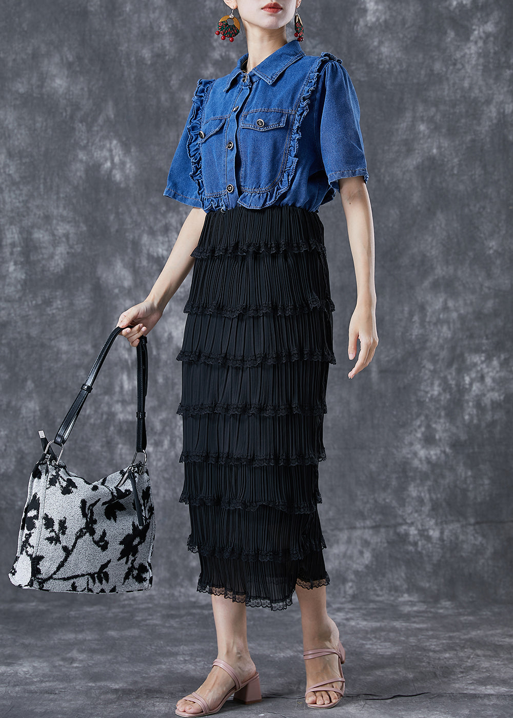 Fine Denim Blue Ruffled Patchwork Elastic Waist Fake Two Piece Holiday Dress Summer TA1022 - fabuloryshop