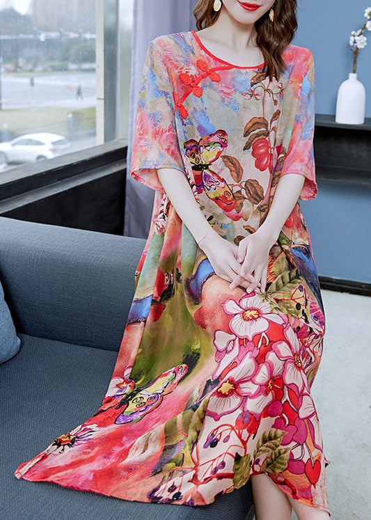 Fine Floral O Neck Chinese Button Patchwork Chiffon Mid Dress Summer LY6501 - fabuloryshop
