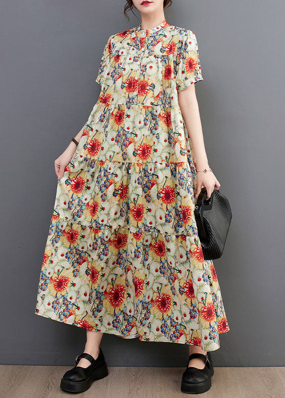 Fine Floral Print Stand Collar Exra Large Hem Cotton Shirt Dresses Summer LY1542 - fabuloryshop