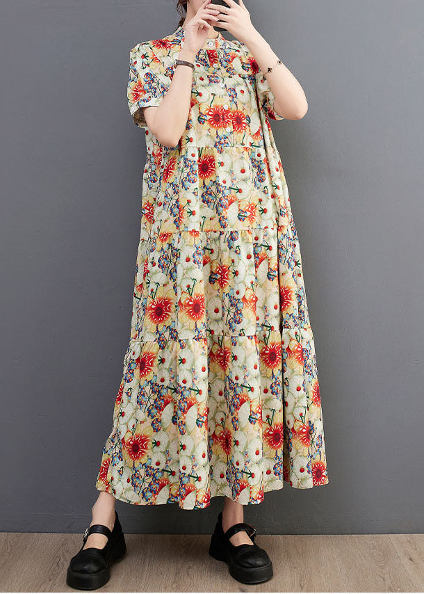 Fine Floral Print Stand Collar Exra Large Hem Cotton Shirt Dresses Summer LY1542 - fabuloryshop