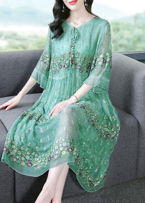 Fine Grass Green Embroideried Patchwork Silk Maxi Dresses Summer LY0741 - fabuloryshop