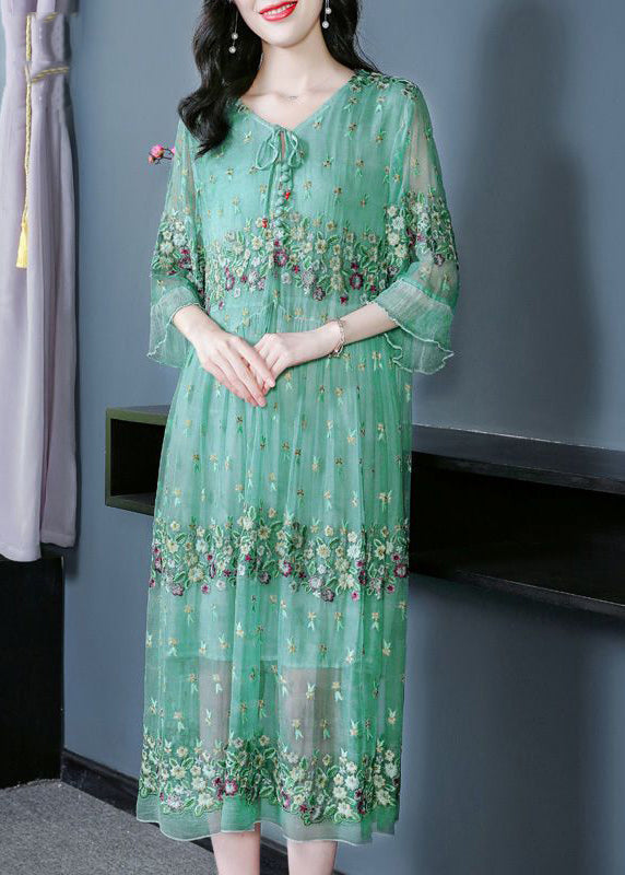 Fine Grass Green Embroideried Patchwork Silk Maxi Dresses Summer LY0741 - fabuloryshop