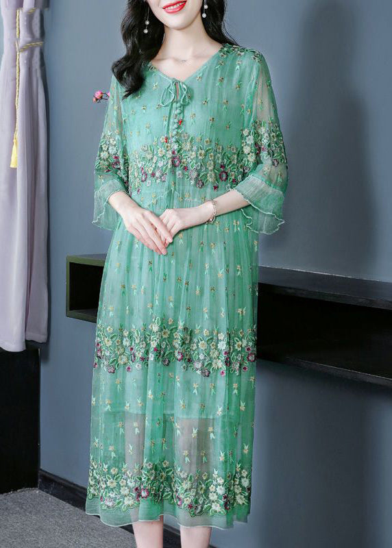 Fine Grass Green Embroideried Patchwork Silk Maxi Dresses AC3047