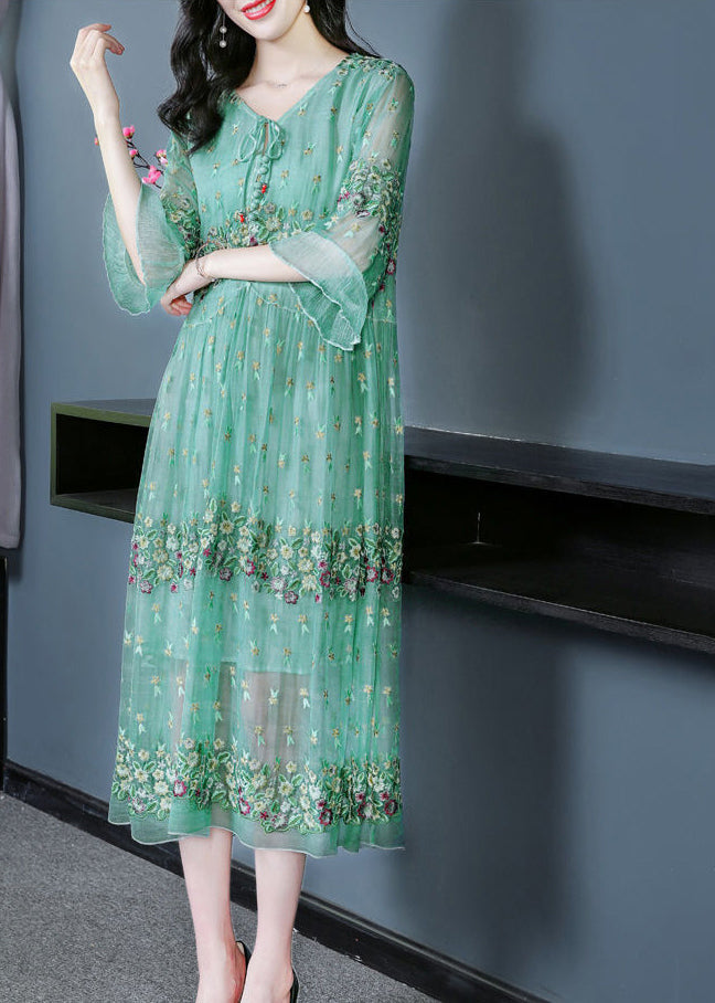 Fine Grass Green Embroideried Patchwork Silk Maxi Dresses Summer LY0741 - fabuloryshop