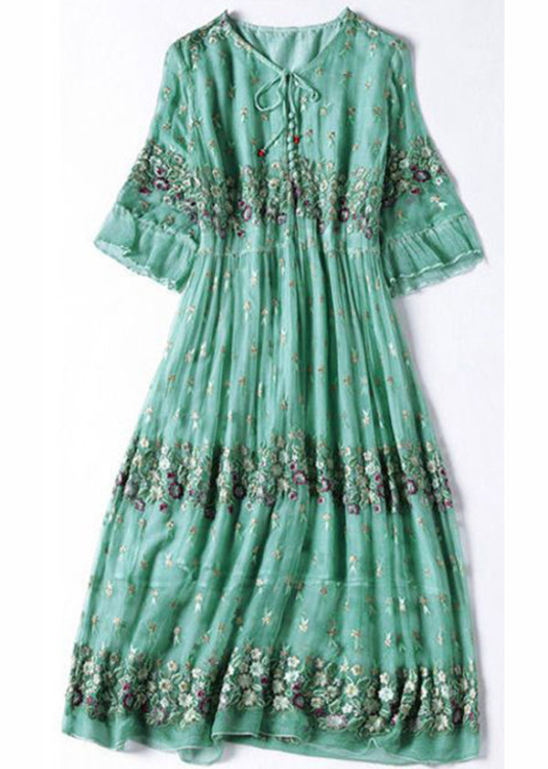 Fine Grass Green Embroideried Patchwork Silk Maxi Dresses Summer LY0741
