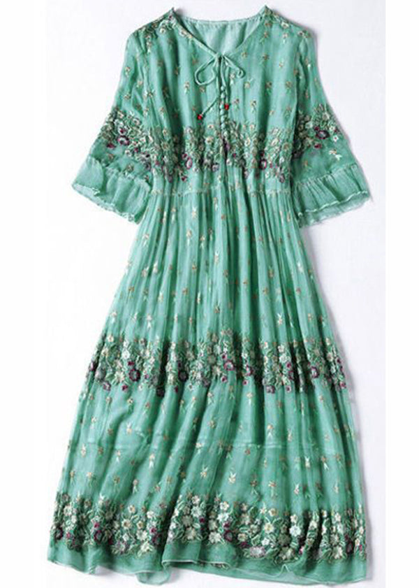 Fine Grass Green Embroideried Patchwork Silk Maxi Dresses Summer LY0741 - fabuloryshop