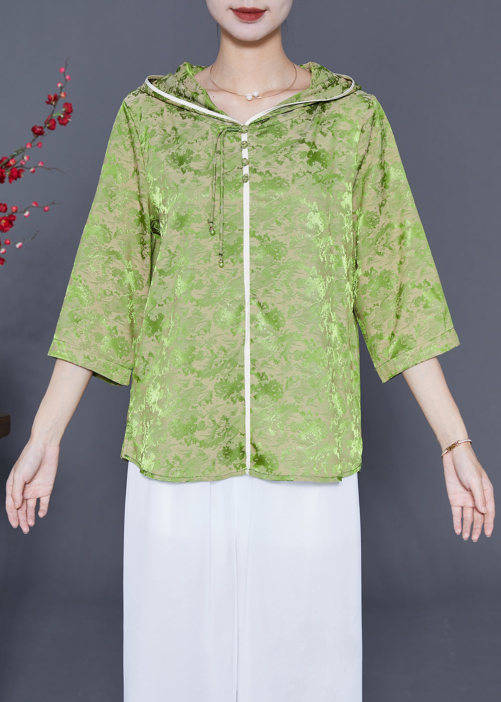 Fine Grass Green Hooded Print Silk Blouses Bracelet Sleeve LY5395 - fabuloryshop